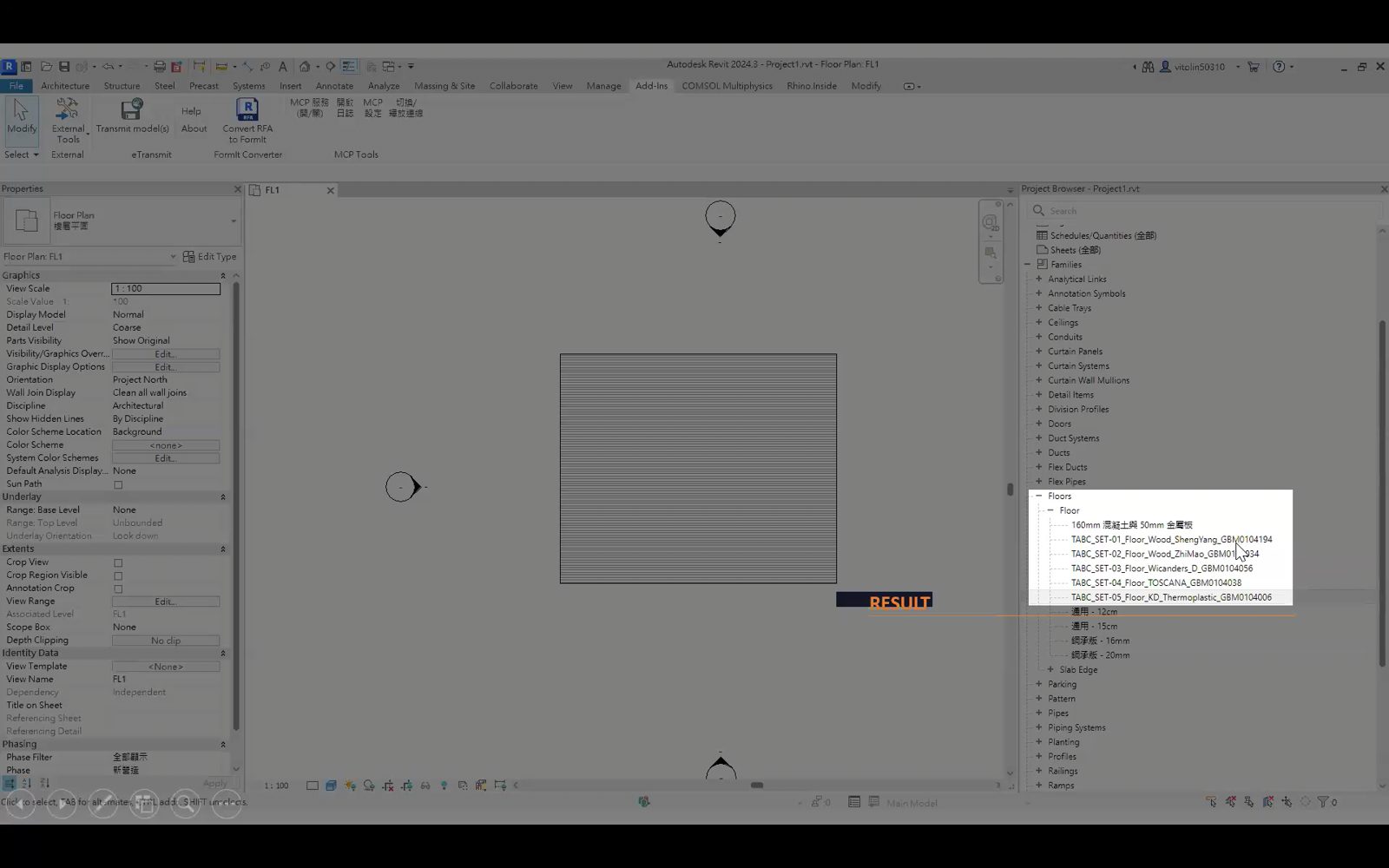 Autodesk Revit 畫面展示經由 MCP 工具自動產生的 TABC 地板建材元件列表。