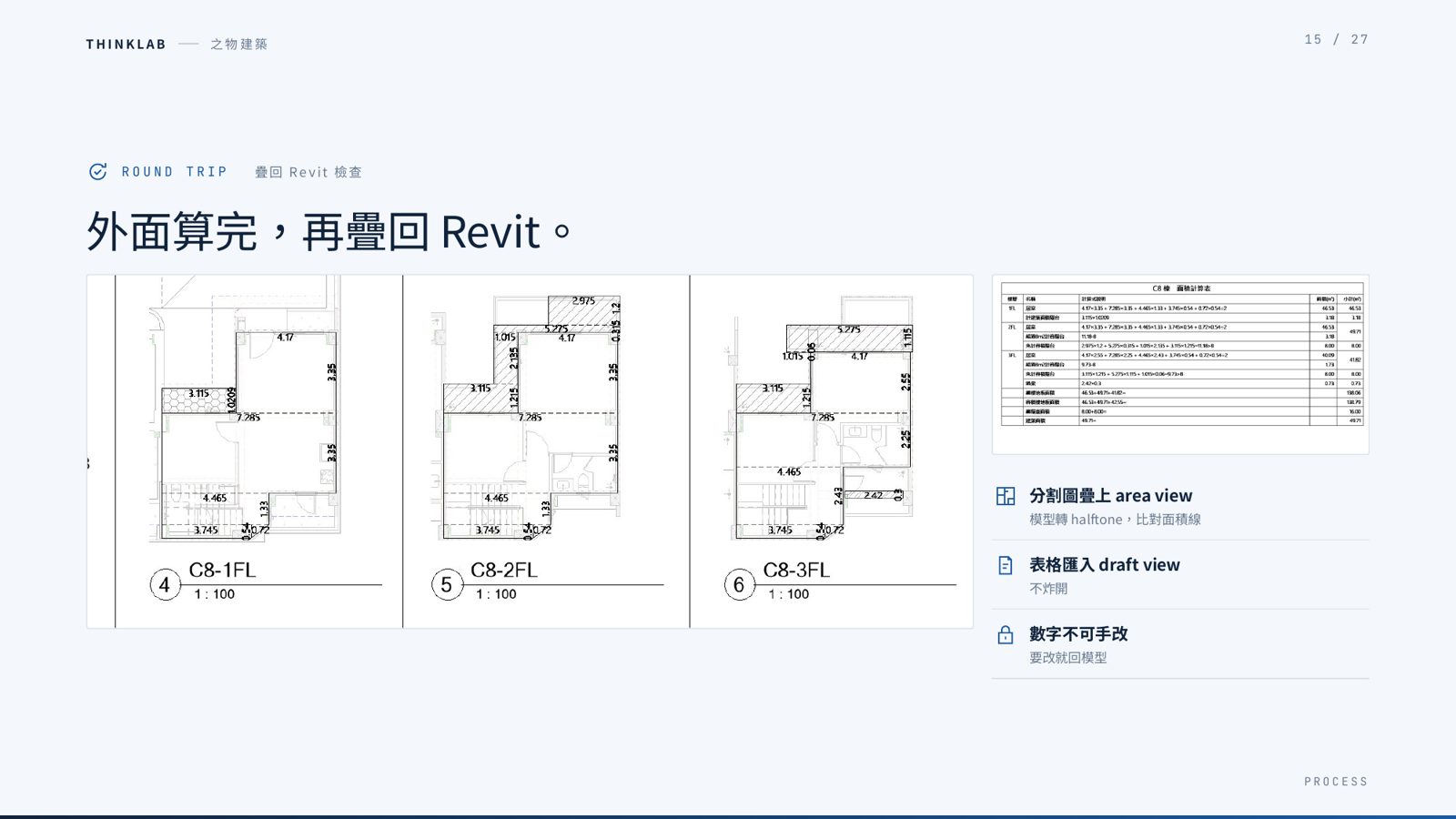 將 C8 棟面積計算表與平面圖疊回 Revit