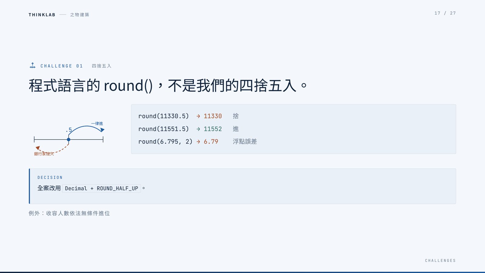 說明程式 round() 的銀行家捨入問題與 Decimal 決策